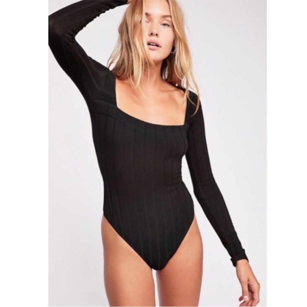 NWT Free People Beside Me Square Neck Black Long-Sleeve Ribbed Bodysuit